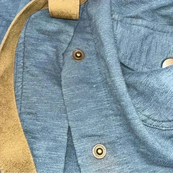 Cabellas blue snap front jacket with snap pockets and suede waist cincing belt - Picture 6 of 12